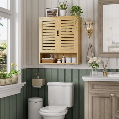 SMIBUY Bathroom Cabinet Wall Mounted, Bamboo Over-The-Toilet Storage Organizer, Space Saver Medicine Cabinet with 2 Door and Adjustable Shelves (Natural) - color: Natural