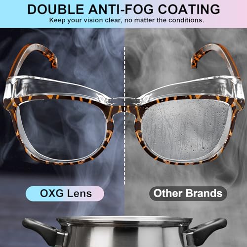 OXG 4 Pack Safety Glasses Anti Fog Goggles, Blue Light Blocking Stylish Safety Glasses for Women Nurses Protective Eyewear - color: Leopard+clear+black+blue