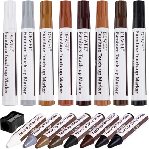 DEWEL Furniture Markers Touch Up, Upgrade Wooden Furniture Repair Kit, Premium Wood Scratch Repair Markers and Wax Sticks for Wood Stains Scratches Hardwood Floors Tables, Set of 17 - color: Black, Gray, Maple, Oak, Cherry, Walnut, Mahogany, White