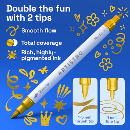 ARTISTRO 12 Gold Acrylic Paint Markers - Paint Pens for Drawing, Brush + Fine Tips - For Fabric, Rock, Glass, Wood, DIY - Art & Craft Supplies for Adults, Teens, Kids - Teacher Appreciation Gift - style: Gold