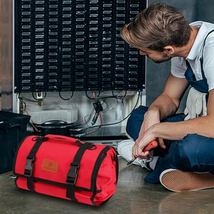 Canvas Tool Roll Up Bag, Multi-Purpose Wrench Organizer, Hvac Tool Bag with 4 Pockets (Red) - color: Red, size: 4 Zipper Pockets