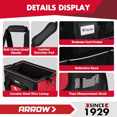 ARROW 16" Tool Bag Organizer with Anti-Slip Feet, Tool Bags for Men Heavy Duty, Wide Open Mouth, Large Capacity with 13 Pockets, Portable Toolbag for Electrician Mechanic Plumber HVAC - size: 16 Inch