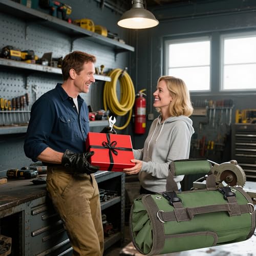 Roll Up Tool Bag, Heavy Duty Waterproof Portable Tool Storage Organization, Tool Bags For Men Tool Organizer with 2 Detachable Zipper Pouches Rollable Carrying, Dad Men Mechanic Welding Birthday Gift