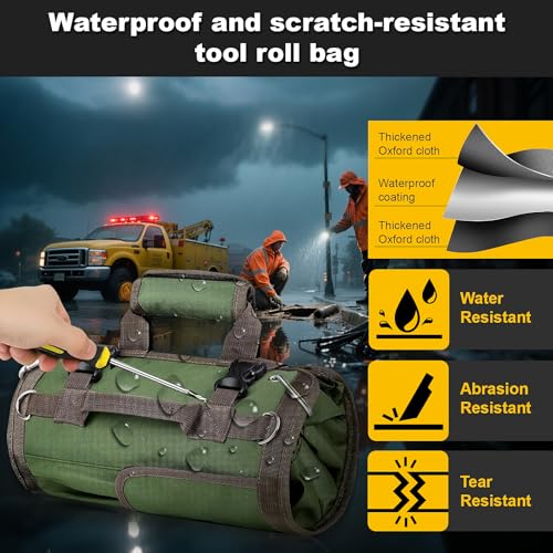 Roll Up Tool Bag, Heavy Duty Waterproof Portable Tool Storage Organization, Tool Bags For Men Tool Organizer with 2 Detachable Zipper Pouches Rollable Carrying, Dad Men Mechanic Welding Birthday Gift