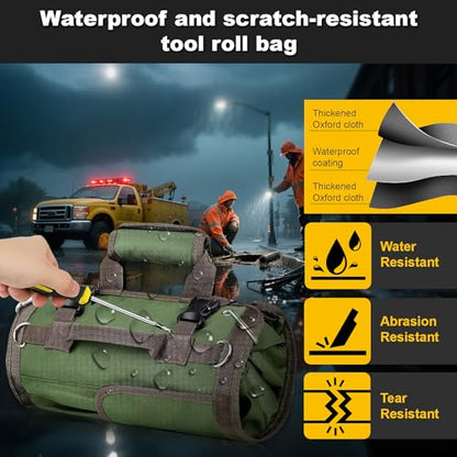 Roll Up Tool Bag, Heavy Duty Waterproof Portable Tool Storage Organization, Tool Bags For Men Tool Organizer with 2 Detachable Zipper Pouches Rollable Carrying, Dad Men Mechanic Welding Birthday Gift