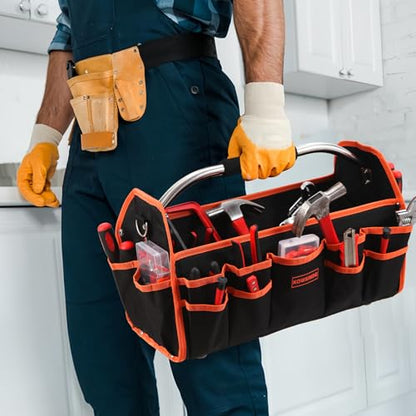 Kowsinde 18 Inch Tool Bag, Electrician Tool Bag, Open Top Tool Bags, 26 Pockets Can Hold Many Tools, Steel Handle and Removable Shoulder Strap - color: Orange