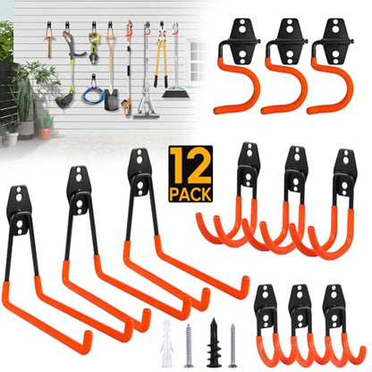 Garage Hooks, 12 Pack Heavy Duty Steel Utility Hooks for Hanging, Wall Mount Garage Storage Hooks for Tools, Ladders, Bikes, Bulky Items, Orange - size: 12 Pack