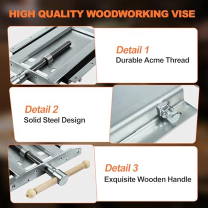 Adjustable Woodworking Vise 33302 for Custom Benchtops, Suitable for Workbenches up to 23" Thickness, Vise with Wooden Handle, Avoid Racking