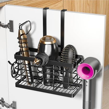 Sevenblue Hair Tool Organizer, 2026 Upgraded 3-in-1 Universal Hair Dryer Holder, Adjustable Height Metal Blow Dryer Holder Wall Mounted/Over Cabinet Door/Free-Standing (Black) - color: Black