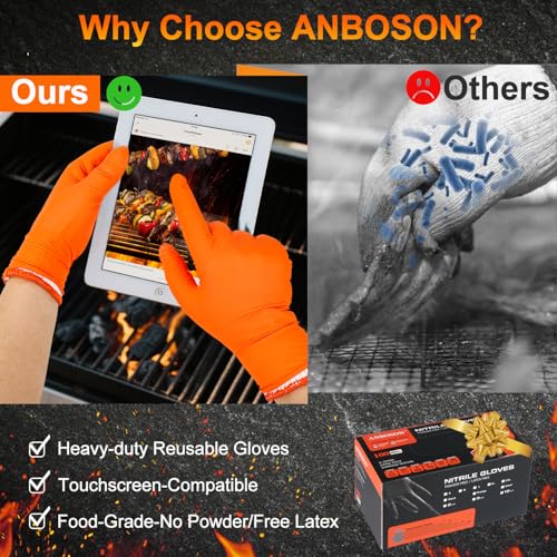 ANBOSON BBQ Gloves for Grilling Disposable Heat Resistant - 100 Nitrile Gloves + 4 Reusable Cotton Liners for Cooking Smoker -Orange Large - size: Large, style: 10mil Nitrile - Orange