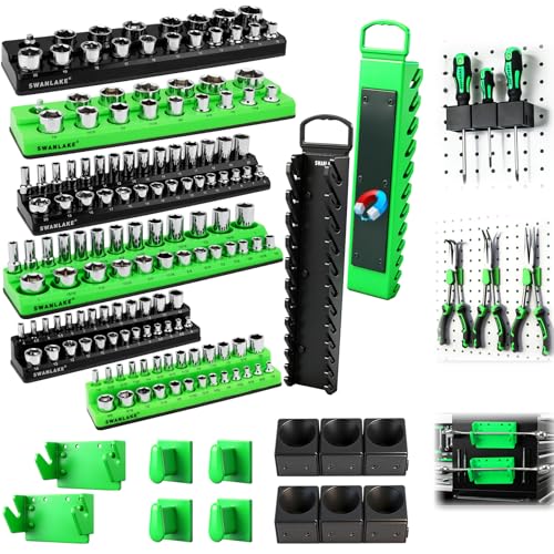 SWANLAKE GARDEN TOOLS 20-Piece Magnetic Tool Organizer Set, 1/4", 3/8", 1/2" SAE & Metric Socket Organizers, 2 Large Wrench Holders, 24-Slot Wrench Rails, Plier and Screwdriver Wall Mount Storage - style: 20PCS Multi-Function Set