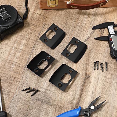 4 PCS Door Strike Plate, 2.16 X 1.77 Inch Door Latch Plate Stainless Steel Deadbolt Covers Black Right Angel Doors Plates with 8 PCS 0.78" Screws for Interior Exterior Doors