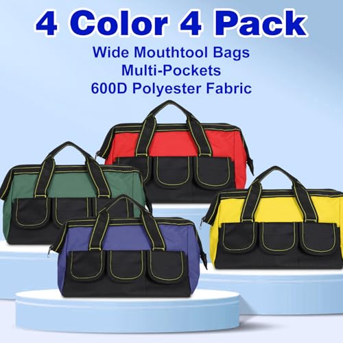 4 Pack Tool Bag for Men with Waterproof Strong Hard Bottom, Heavy Duty Tool Bag Multi Pockets Wide Mouth Tote for Various Instrument, Electrician Carpenter Mechanic (13 Inch, Black, Red, Yellow, Green