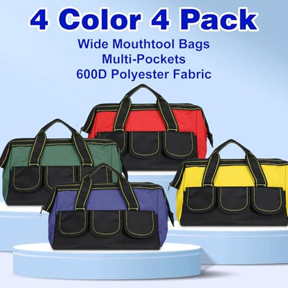 4 Pack Tool Bag for Men with Waterproof Strong Hard Bottom, Heavy Duty Tool Bag Multi Pockets Wide Mouth Tote for Various Instrument, Electrician Carpenter Mechanic (13 Inch, Black, Red, Yellow, Green