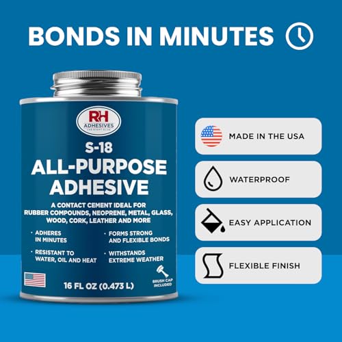 S-18 All-Purpose Adhesive, 16 oz. can - Multi-Purpose, Rubber, Metal, Leather, Felt, Wood, Neoprene, Glass, Flexible, Waterproof, Long Lasting - RH Adhesives - size: 16 oz