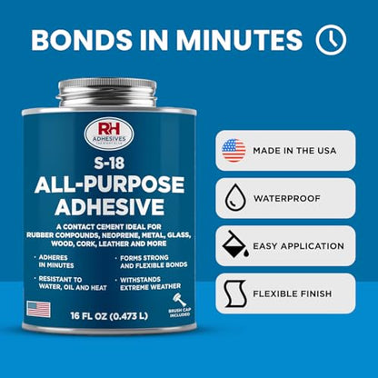 S-18 All-Purpose Adhesive, 16 oz. can - Multi-Purpose, Rubber, Metal, Leather, Felt, Wood, Neoprene, Glass, Flexible, Waterproof, Long Lasting - RH Adhesives - size: 16 oz