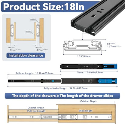 ToBeGreat Push to Open Soft Close Drawer Slides 18 Inch Side Mount Dresser Runner Black,2/3 Full Extension Ball Bearing 100 LB Kitchen Nightstand Glides Rails 1 Pair - color: Black(Push to Open & Soft Close)-1 pair, size: 18 Inch