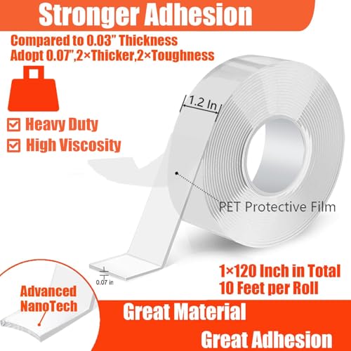 Double Sided Heavy Duty Extra Strong Adhesive Tape - 1.2 Inch x 10 feet - Removable Nano Tape for Poster Carpet Picture Hanging Strip Rug Wall Outdoor - Adhesive Multipurpose Clear Mounting Tape - size: 1.2"