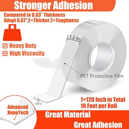 Double Sided Heavy Duty Extra Strong Adhesive Tape - 1.2 Inch x 10 feet - Removable Nano Tape for Poster Carpet Picture Hanging Strip Rug Wall Outdoor - Adhesive Multipurpose Clear Mounting Tape - size: 1.2"