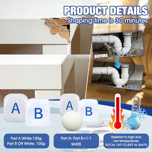 200g Marine Epoxy Putty White Marine Grade Epoxy Stick Fix Strong Adhesion Durable Waterproof for Repair Holes Gaps Dents Cracks in the Hull Metal Ceramics Plastics Wood Tiles,White 100g*2