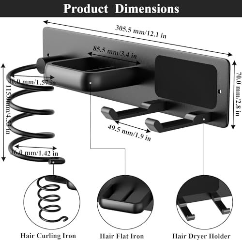 Hair Dryer Holder Wall Mounted Blow Dryer Holder Curling Iron Holder Straightener Holder 3 in 1 Bathroom Metal Hair Tool Organizer Rack（Matte Black） - color: Black