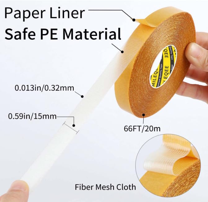 Double Sided Tape Heavy Duty, 0.59" x 66FT, Universal High Tack Strong Wall Adhesive with Fiberglass Mesh, Super Sticky Resistente Clear Tape, Easy Use Mounting Tape for School Office Home - size: 0.59" x 66FT