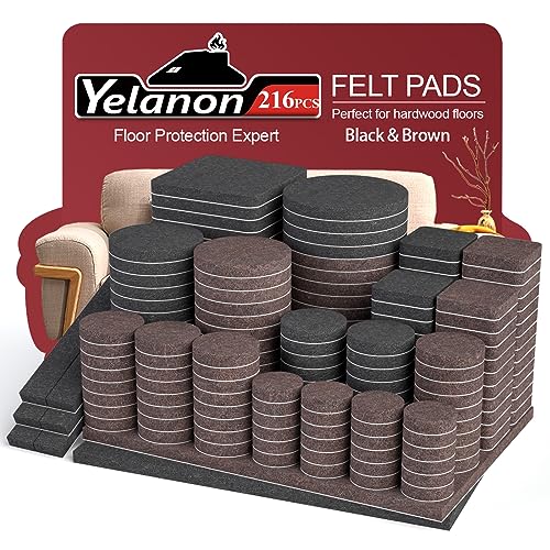 Yelanon Felt Furniture Pads for Hardwood Floors -216 Pcs Premium Felt Pads for Chair Legs, Floor Protectors for Furniture,Black & Brown - size: 216pcs Black&Brown