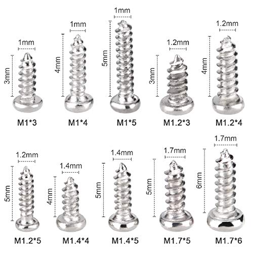 1000Pcs mini Screw kit M1 M1.2 M1.4 M1.7 Phillips pan Head Micro Screws Self-Tapping Electronic Small Metric Screw PA Nickel-Plated - color: Silver