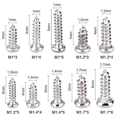 1000Pcs mini Screw kit M1 M1.2 M1.4 M1.7 Phillips pan Head Micro Screws Self-Tapping Electronic Small Metric Screw PA Nickel-Plated - color: Silver
