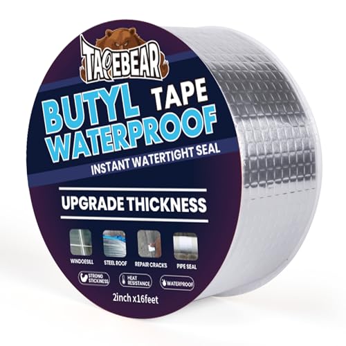 TAPEBEAR Extra Thicker Butyl Tape Waterproof 2inch x16feet, 51mil Aluminum Butyl Sealant Tape, Duct Sealing Adhesive for RV Roof Repair, Boat and Pipe Sealing, Metal, Glass & EDPM Roof Leak Patching - size: 2inch x 16feet