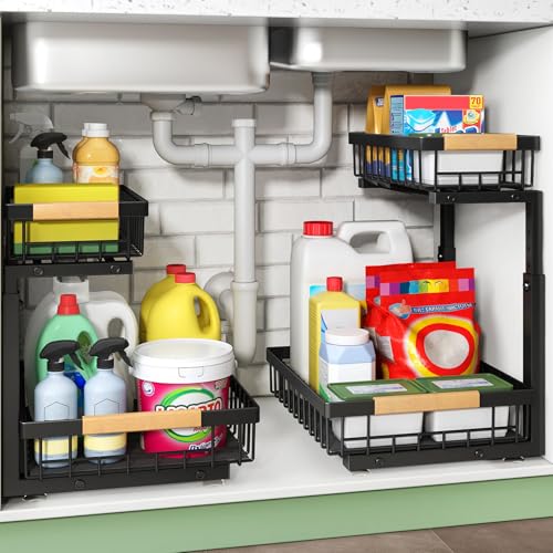Kitstorack Under Sink Organizer, 2 Tier Under the Sink Storage, Slide out Pull out Cabinet Organizer Shelf, Metal Sliding Drawer for Kitchen Bathroom Pantry Closet Organization Rack, Black, 1 Pack - color: Black, size: 1 Pack