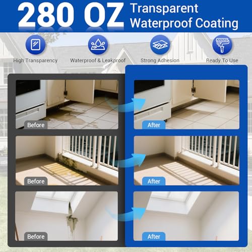 Transparent Waterproof Coating Sealant 280 Oz (8 KG), Invisible Clear Waterproofing Agent, Waterproof Sealant for Indoor & Outdoor Leak Repair, Works on Roof, Gutter, Metal, Wood, Skylight - style: 280 OZ