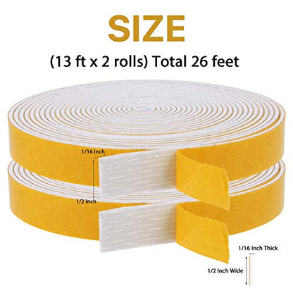 Foam Weather Stripping-2 Rolls,1/2 Inch Wide X 1/16 Inch Thick Total 26 Feet Long, Foam weatherstrip with Adhesive for Door Insulation(13ft x 2 Rolls) - size: 1/2" (W) x 1/16" (T) x 26' (L)