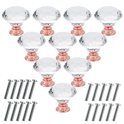 Akstore 10 Pcs Crystal Glass Cabinet Knobs 30mm Diamond Shape Drawer Kitchen Cabinets Dresser Cupboard Wardrobe Pulls Handles (Clear-Champagne Gold) - color: Clear-Champagne Gold