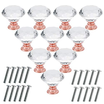 Akstore 10 Pcs Crystal Glass Cabinet Knobs 30mm Diamond Shape Drawer Kitchen Cabinets Dresser Cupboard Wardrobe Pulls Handles (Clear-Champagne Gold) - color: Clear-Champagne Gold