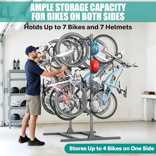 EVERHANGER Freestanding Bike Stand Rack with Adjustable Hooks, Vertical Bike Stand for Garage, Bicycle Storage Organizer, Holds Up to 7 Bikes & 7 Helmets - style: 7 Bike & 7 Helmet Hooks
