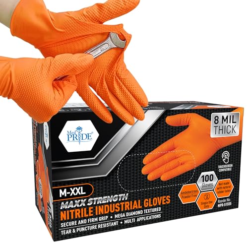 MED PRIDE Maxx Strength Nitrile Industrial Orange Gloves, 8 Mil Thick - Diamond Texture Disposable Heavy-Duty, Tear-Resistant - size: Large
