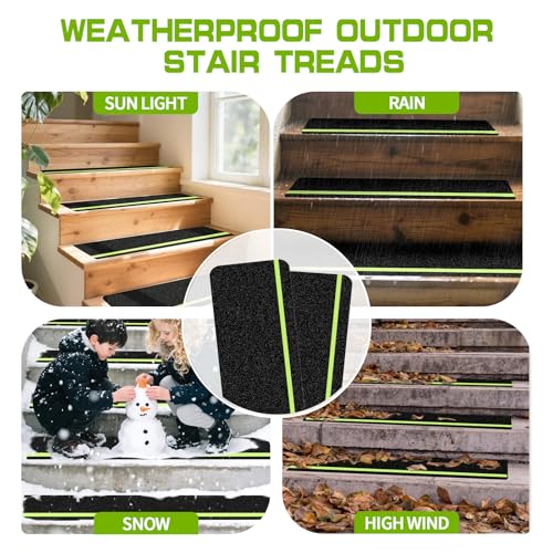 LadyRosian Outdoor Stair Treads Non Slip 15-Pack Black Glow 6" x 30" - Weather Resistant Adhesive Heavy Grip Tape - Waterproof Anti Skid Strips- Glow in The Dark 80-Grit Adhesive Treads - color: Dark, size: 6" x 30"