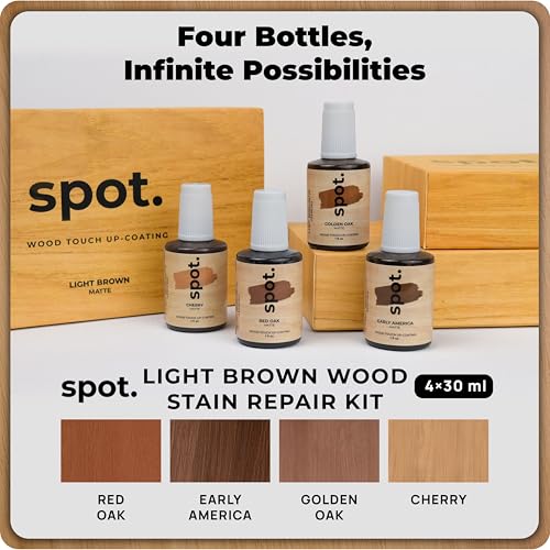 Light Brown Wood Stain Repair Kit, Brush-On Touch-Up Stain Bottles, Golden Oak, Early America, Cherry, Red Oak, Interior and Exterior Wood, 4 fl oz Total by spot. - color: Light Brown