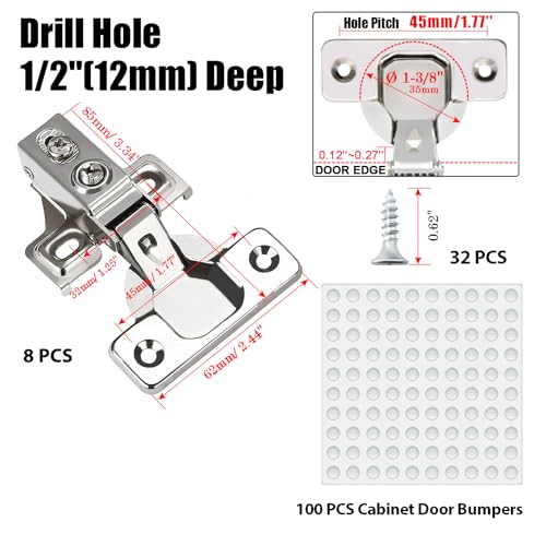 8 Pack 1/2 inch Overlay Soft Close Cabinet Door Hinges for Kitchen Cabinet Hinges Hidden Hinge Stainless Steel Concealed Kitchen Cabinet Hinge Self Closing Screw Holes Distance of Cup is 45 mm
