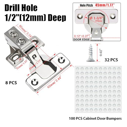 8 Pack 1/2 inch Overlay Soft Close Cabinet Door Hinges for Kitchen Cabinet Hinges Hidden Hinge Stainless Steel Concealed Kitchen Cabinet Hinge Self Closing Screw Holes Distance of Cup is 45 mm