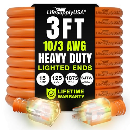 3ft Outdoor/Indoor Extension Cord 10/3 Gauge Ultra Heavy Duty 3 Prong SJTW, Waterproof, Flexible Cold-Resistant Long Power Cord,15A 125V 1875W, Orange by LifeSupplyUSA - color: Orange, size: 3 FT, style: 10AWG