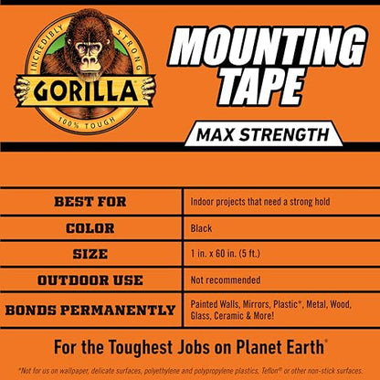 Gorilla® Max Strength Mounting Tape, Double-Sided, Instant Hold, Permanent Bond with Reinforced Strength, 1 inch x 60 inches, Black (Pack of 1) - size: 60 inches, style: 1 - Pack