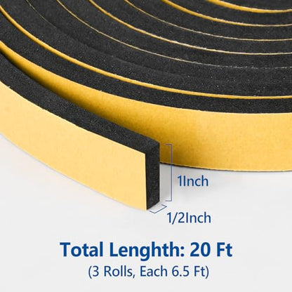 Kikerike Self Adhesive Foam Tape Weatherstrip 1In x 1/2In x 20Ft High Density Foam Insulation Strips Seal Weather Stripping with Strong Adhesive for Door and Window Sound Isolation Soundproofing - size: 1in x 1/2in x 20Ft