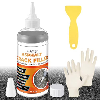 Asphalt Crack Filler Kit, 16.9 fl oz Self-Leveling Blacktop Driveway Sealant, Crack Filler for Asphalt Concrete Joint, Sidewalk, Pavement and Parking Lot, with Gloves and Scraper