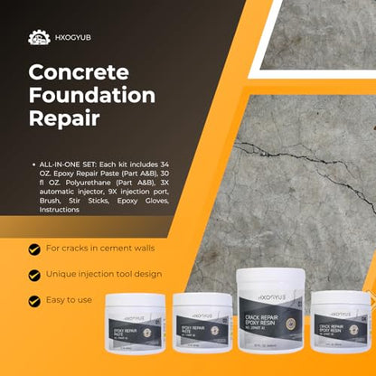 Concrete Foundation Crack Repair Kit, with Automatic Injector, High Performance, Filler for Wall Cracks, Stops Water Leaks & Radon Gas, Drill-Free, Quick-Setting Waterproof Sealing Solution