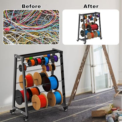 SELEWARE Heavy-Duty 8-Rod Wire Spool Rack – 400lb Capacity Cable Caddy & Dispenser with Locking Wheels, Adjustable Spool Rods for Electrical, Industrial & Retail Use - color: D: Black Wire Spool Rack With Wheels
