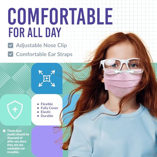 Medtecs Kids Face Mask Disposable - 2 Sizes Option (Child/Youth) 50 PCs - Comfy 3-Ply Breathable Children Masks, The Better Choice - Youth | Pink - color: 09. Pink, size: Youth - 50 PC