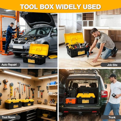 Tool Box Set of 4, Large Plastic Tool Box Waterproof with Organizer Tray, Heavy Duty Stackable Toolbox Storage Case Portable Tool Box (Black & Yellow, 13/15/17/19 in)