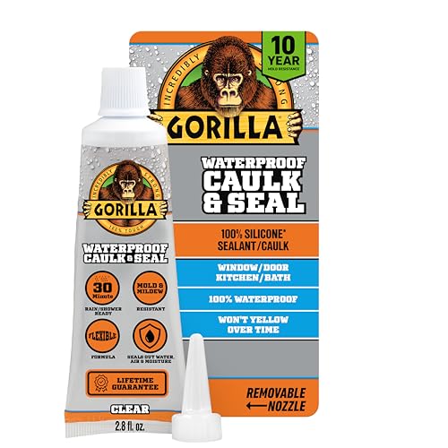 Gorilla 100% Silicone Caulk, Waterproof Sealant, 2.8oz Squeeze Tube (Pack of 1) – Clear -10 Year Mold Resistant Kitchen, Window, Bath, Marine, Door and More - color: Clear, size: 1 - Pack